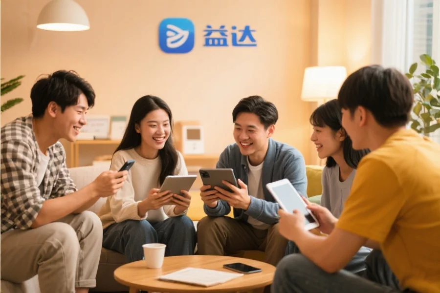 一群年轻用户围坐在一起，使用平板和手机愉快地交流，背景温馨现代，象征星欧应用的社区活跃氛围